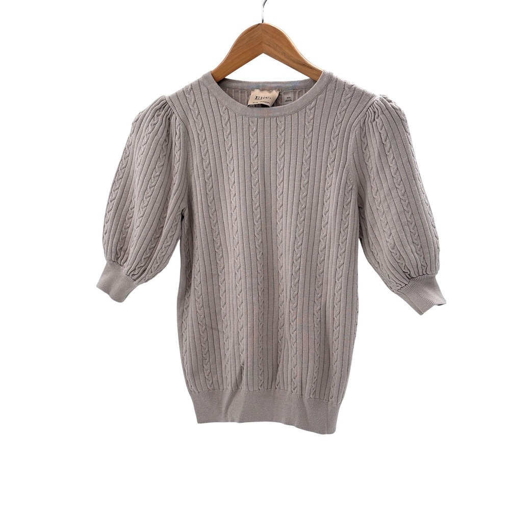 Elie. Tahari Sweater Short Puff Balloon Sleeve Women Medium Cable Knit Beige Tan